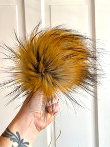 MADE TO ORDER Fun and funky brown gray with long dark brown tip faux fur pom pom with wooden button