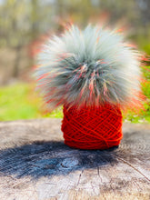 Load image into Gallery viewer, MADE TO ORDER Fun and silver sage light blue with firey long orange cream tipped tips faux fur pom pom with wooden button
