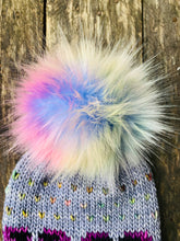Load image into Gallery viewer, MADE TO ORDER Fun and funky rainbow blue purple faux fur pom pom with wooden button
