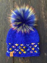 Load image into Gallery viewer, MADE TO ORDER Fun and funky blue with firey long yellow with orange tipped tips faux fur pom pom with wooden button
