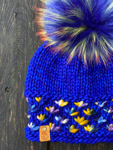 Load image into Gallery viewer, MADE TO ORDER Fun and funky blue with firey long yellow with orange tipped tips faux fur pom pom with wooden button
