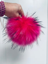 Load image into Gallery viewer, MADE TO ORDER Fun and funky hot pink with black tips faux fur pom pom with wooden button
