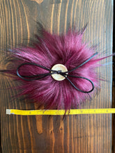 Load image into Gallery viewer, MADE TO ORDER Fun and funky merlot wine maroon with long black tips faux fur pom pom with wooden button
