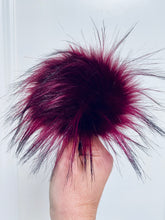 Load image into Gallery viewer, MADE TO ORDER Fun and funky merlot wine maroon with long black tips faux fur pom pom with wooden button
