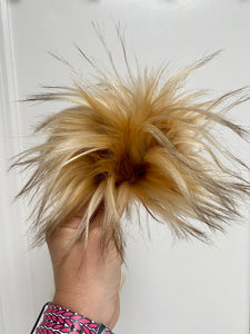 MADE TO ORDER BLONDIE Fun and funky brown blonde with long dark brown tip faux fur pom pom with wooden button