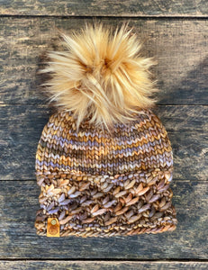 MADE TO ORDER BLONDIE Fun and funky brown blonde with long dark brown tip faux fur pom pom with wooden button