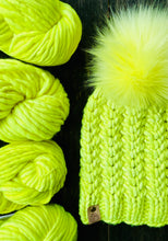 Load image into Gallery viewer, Fluorescent yellow neon KNITTING KIT 1 skein 1 extra large faux fur pom
