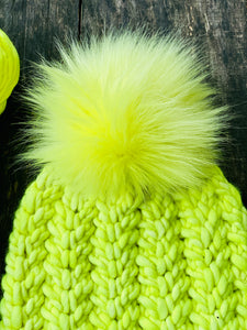 MADE TO ORDER Fun and funky neon fluorescent yellow faux fur pom pom with wooden button