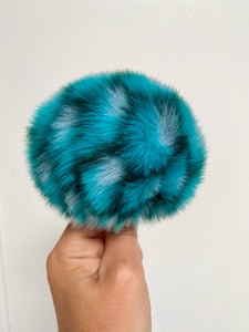 MADE TO ORDER Fun and funky snake like print teal faux fur pom pom with wooden button