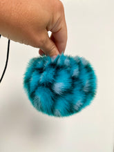 Load image into Gallery viewer, MADE TO ORDER Fun and funky snake like print teal faux fur pom pom with wooden button
