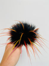 Load image into Gallery viewer, MADE TO ORDER Fun and funky black with long tips of yellow, red, pink, orange and purple faux fur pom pom with wooden button
