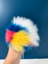 Load image into Gallery viewer, MADE TO ORDER Fun and funky leopard skin print yellow blue white pink faux fur pom pom with wooden button
