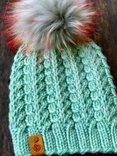 Load image into Gallery viewer, Bulky KNITTING KIT 1 skein 1 faux fur cream pom mint green Malabrigo Chunky
