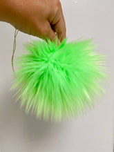 Load image into Gallery viewer, MADE TO ORDER Fun and funky UV reactive glow in the dark neon green faux fur pom pom with wooden button

