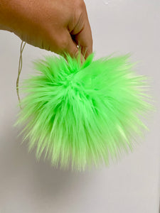MADE TO ORDER Fun and funky UV reactive glow in the dark neon green faux fur pom pom with wooden button