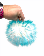 Load image into Gallery viewer, MADE TO ORDER Fun and funky white with aqua teal tip faux fur pom pom with wooden button
