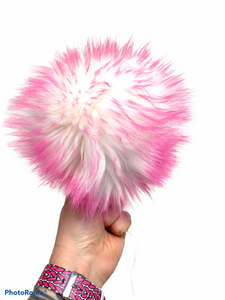 MADE TO ORDER Fun and funky white with hot pink tip faux fur pom pom with wooden button