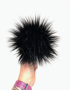 MADE TO ORDER Fun and funky long pile black faux fur pom pom with wooden button