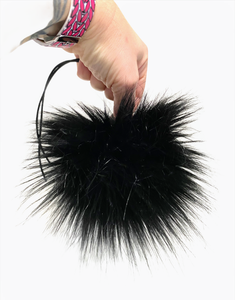 MADE TO ORDER Fun and funky long pile black faux fur pom pom with wooden button