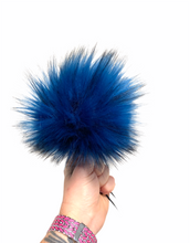 Load image into Gallery viewer, MADE TO ORDER Fun and funky blue with black faux fur pom pom with wooden button
