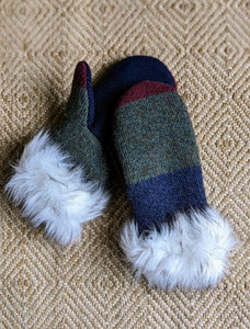 C.R.Woolie upcycled faux fur lined mittens green maroon navy stripe slow fashion