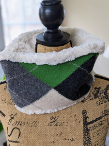C.R.Woolie upcycled faux fur lined cowl green argyle cream slow fashion Fly Eagles Fly fans