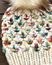 Load image into Gallery viewer, Luxury women&#39;s hand knit winter pom beanie ivory texture multicolor fun color wool slow fashion gift
