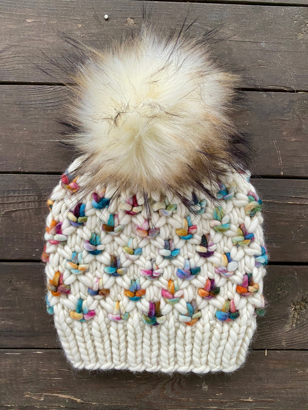 Luxury women's hand knit winter pom beanie ivory texture multicolor fun color wool slow fashion gift
